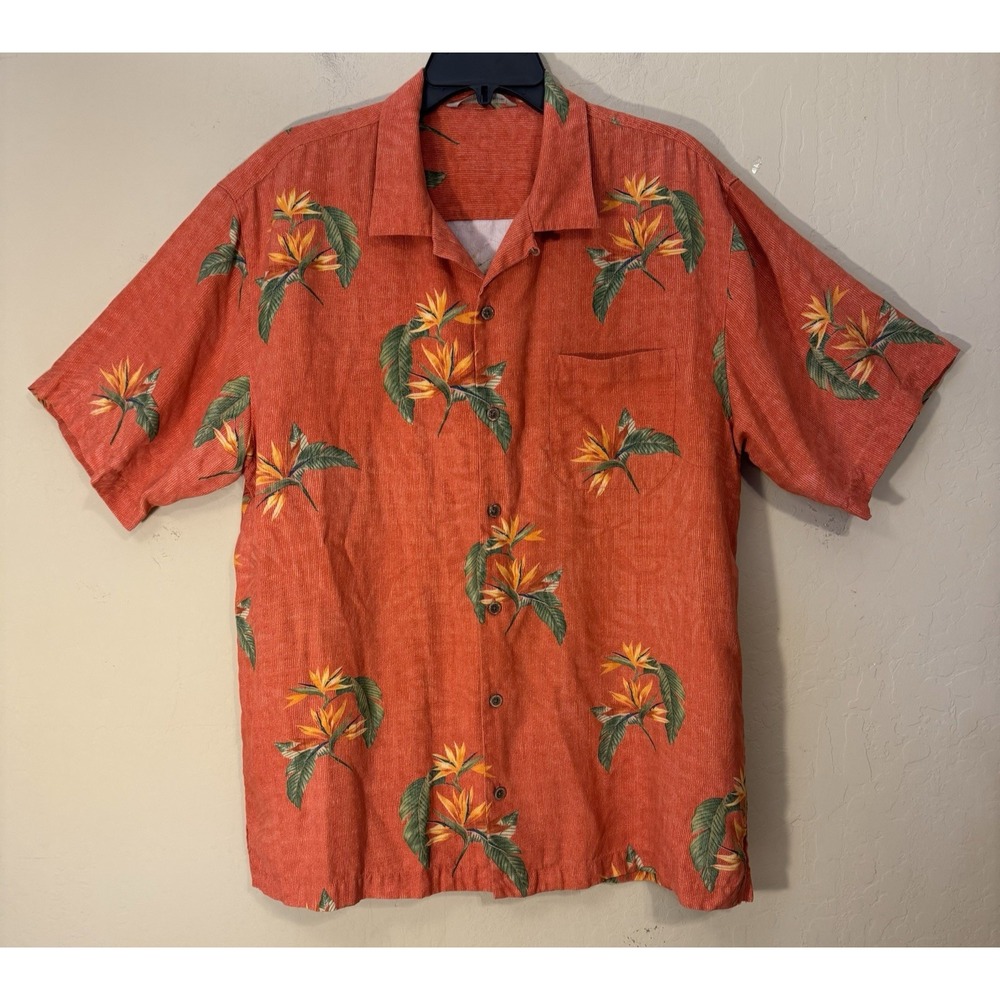 Tommy Bahama Silk Shirt Men L Large Hawaiian Short Sleeve Button Tropical Orange